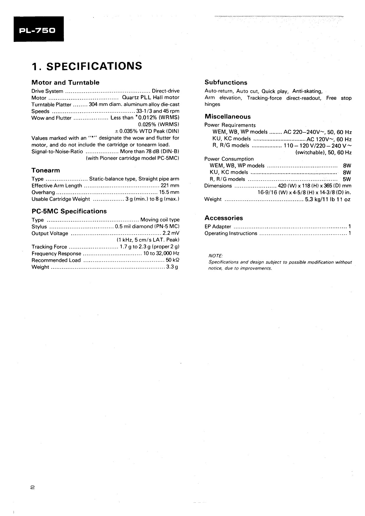 Pioneer PL-750 Turntable Service Manual (Pages: 46)