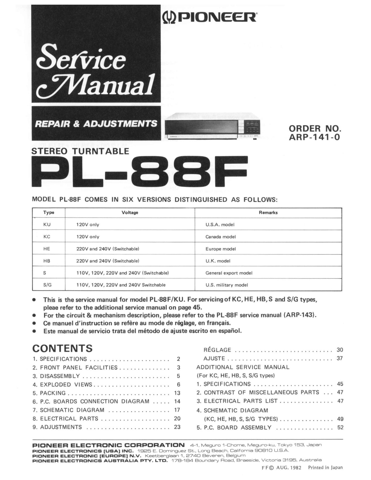 Pioneer PL-88F Turntable Service Manual (Pages: 46)