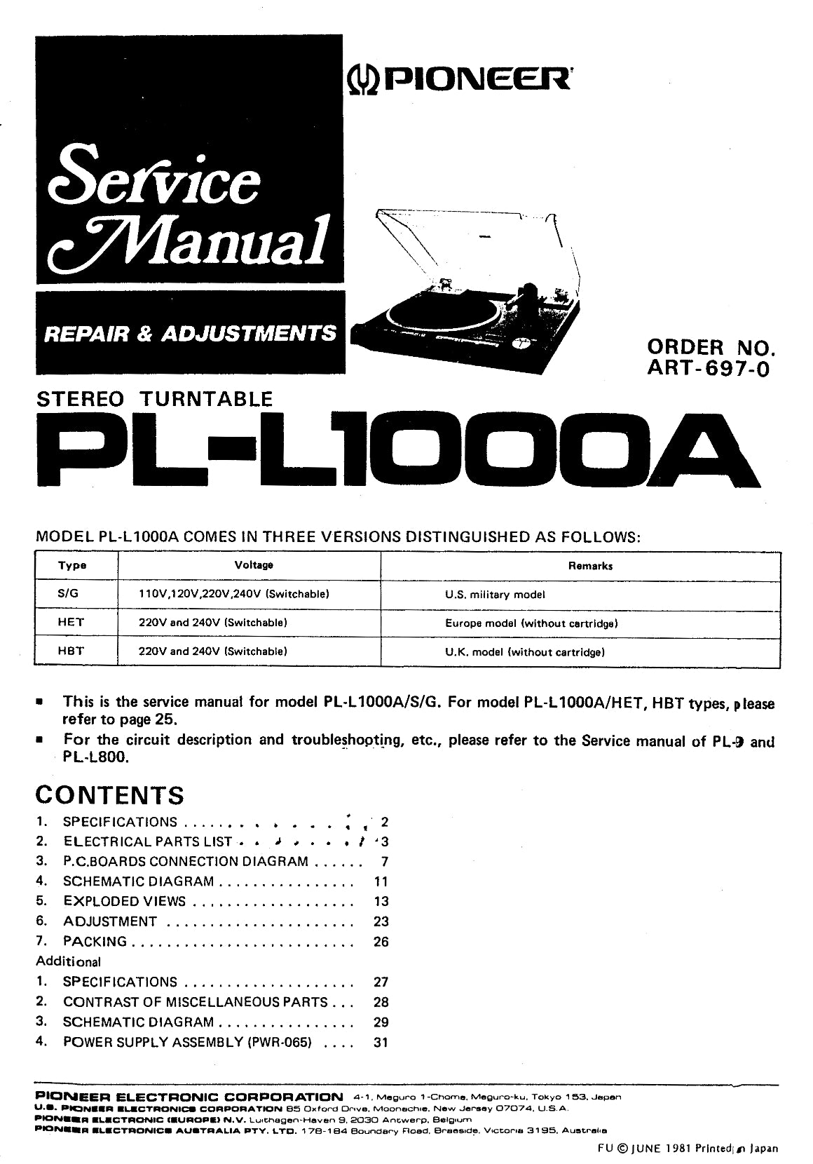 Pioneer PL-L1000A Turntable Service Manual (Pages: 20)