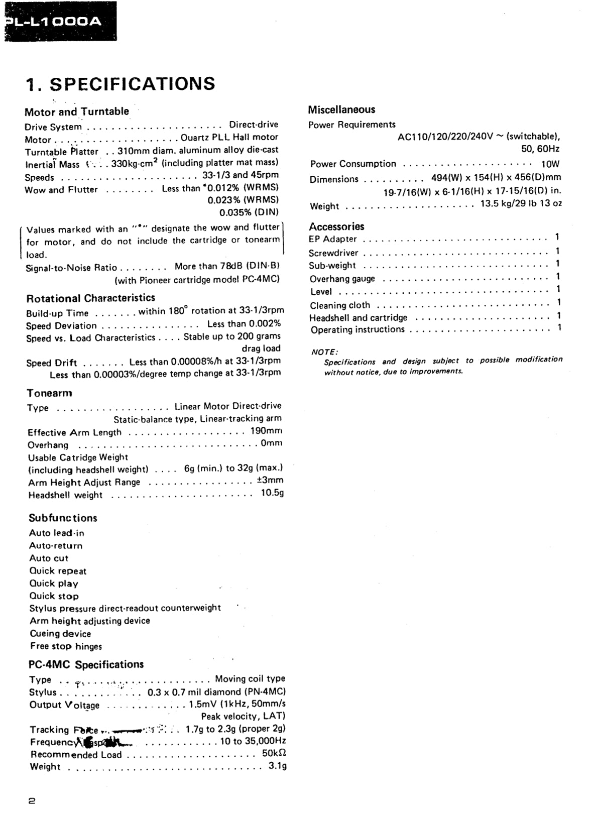Pioneer PL-L1000A Turntable Service Manual (Pages: 20)