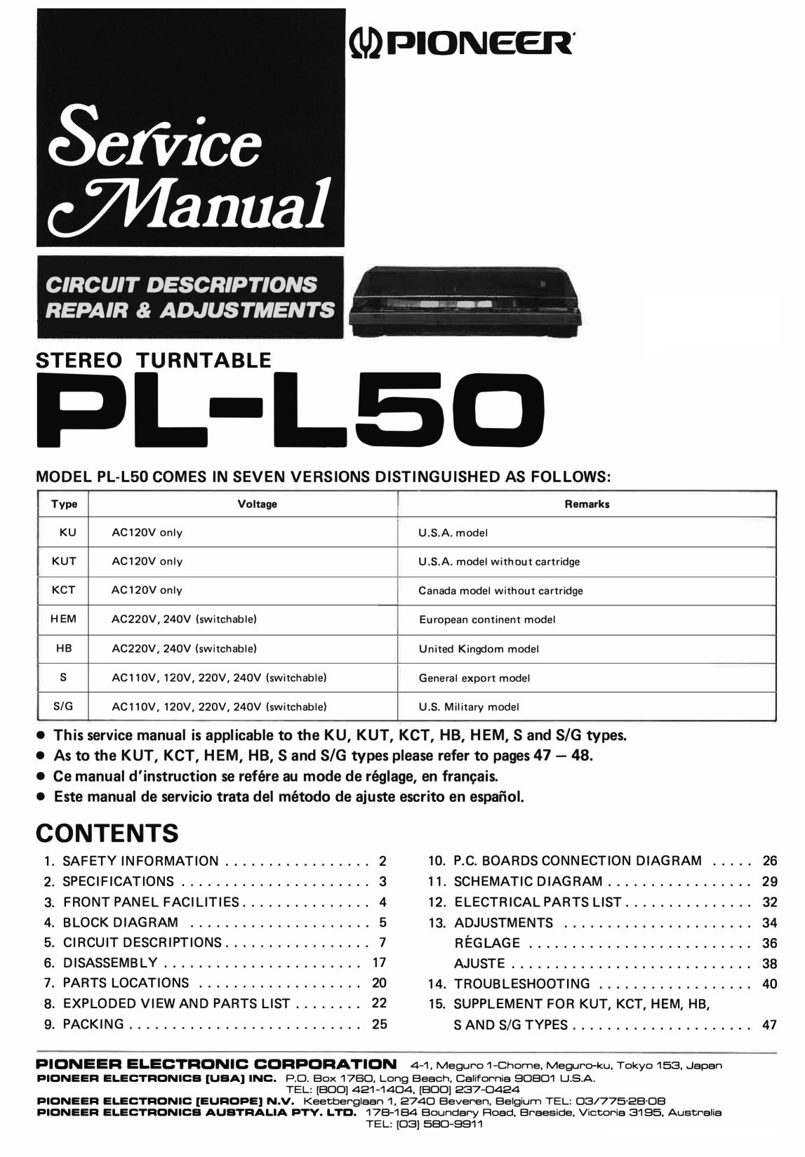 Pioneer PL-L50 Turntable Service Manual (Pages: 40)
