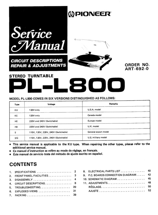 Pioneer PL-L800 Turntable Service Manual (Pages: 41)