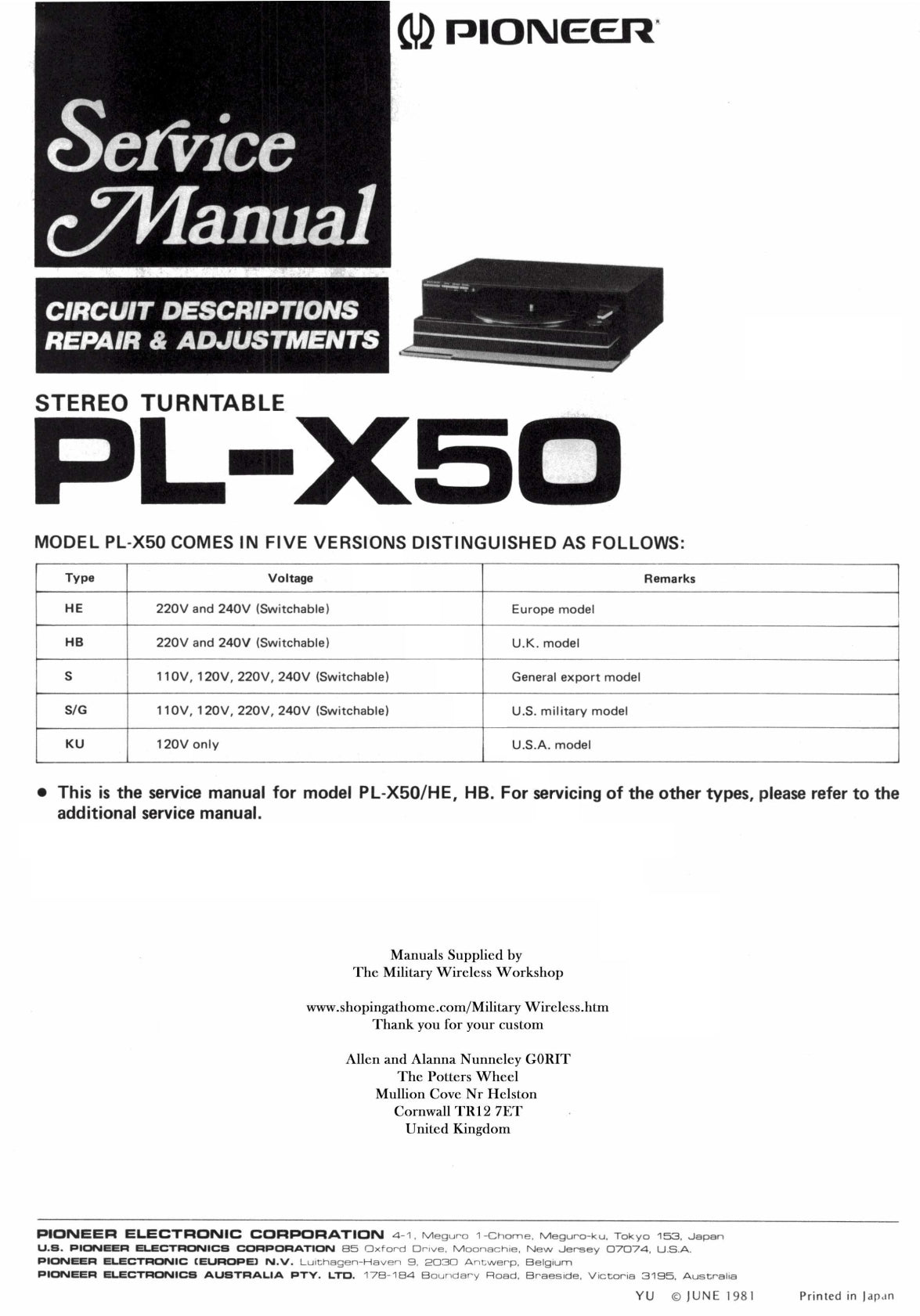 Pioneer PL-X50 Turntable Service Manual (Pages: 50)