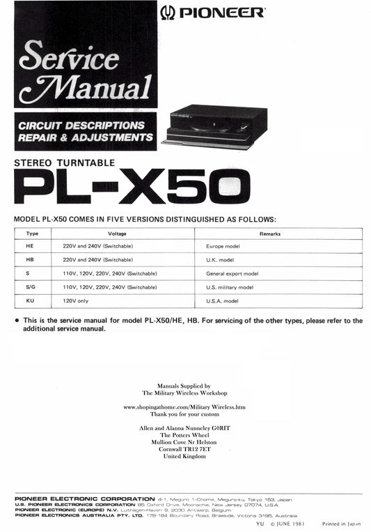 Pioneer PL-X50 Turntable Service Manual (Pages: 50)