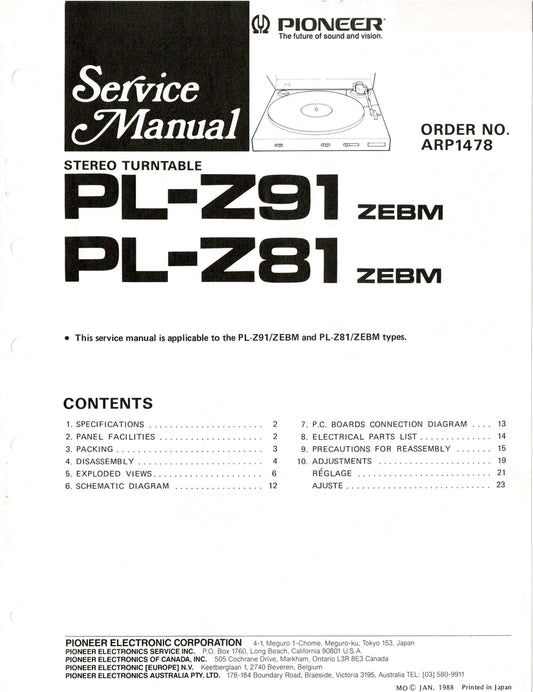 Pioneer PL-Z81 & PL-Z91 Turntable Service Manual (Pages: 22)