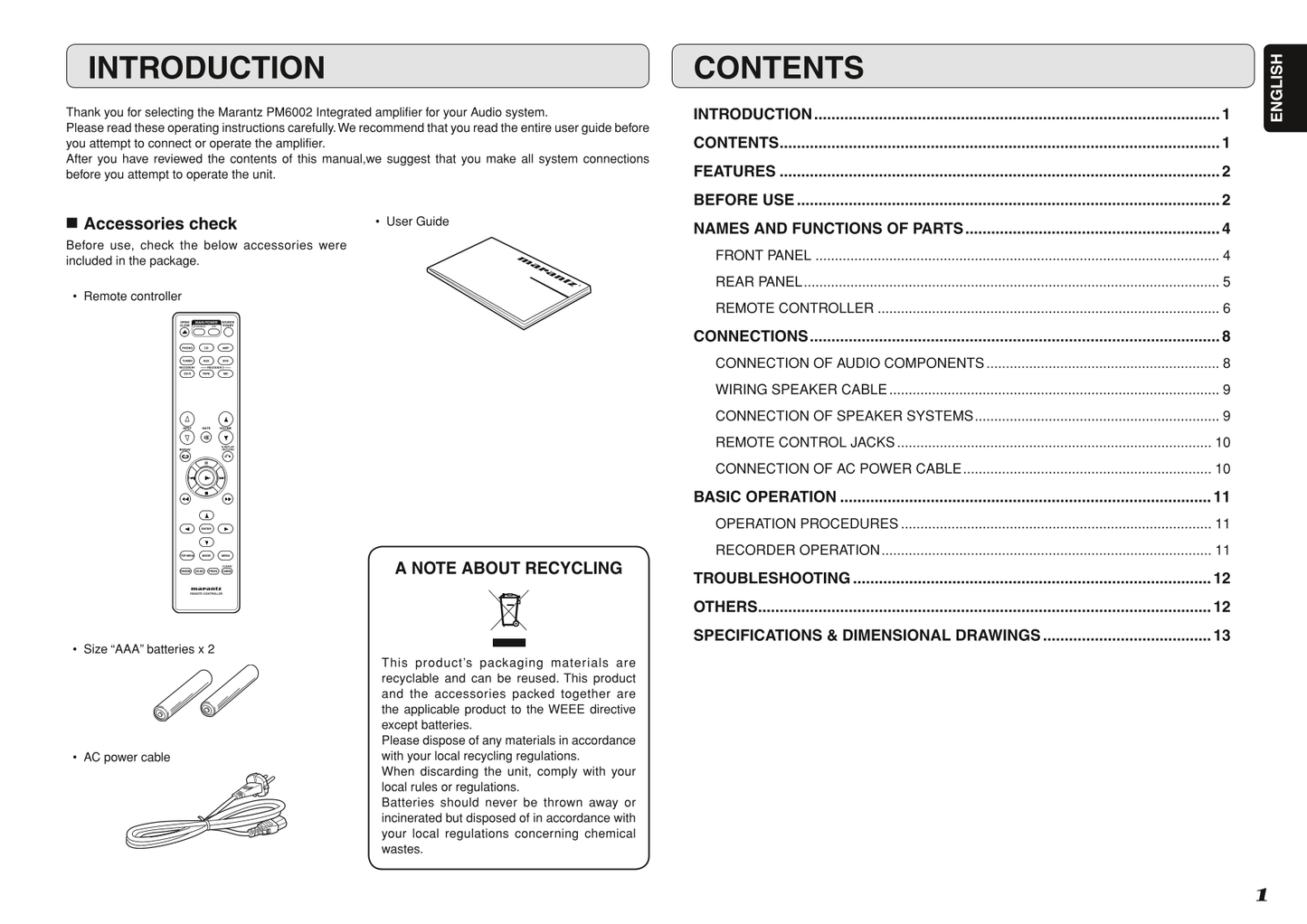 Marantz PM6002 Amplifier Owner/ User Manual (Pages: 18)