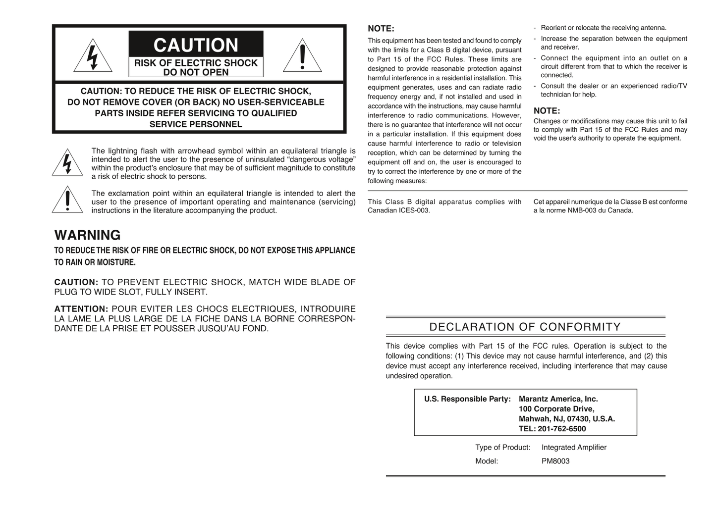 Marantz PM8003 Amplifier Owner/ User Manual (Pages: 19)