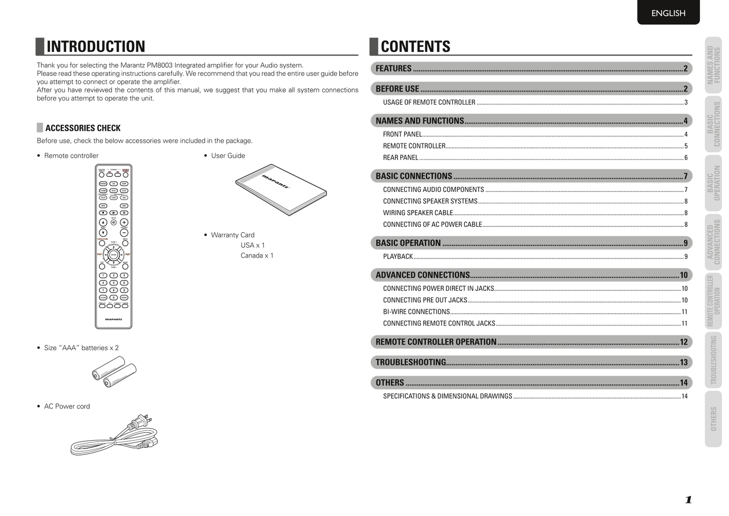 Marantz PM8003 Amplifier Owner/ User Manual (Pages: 19)