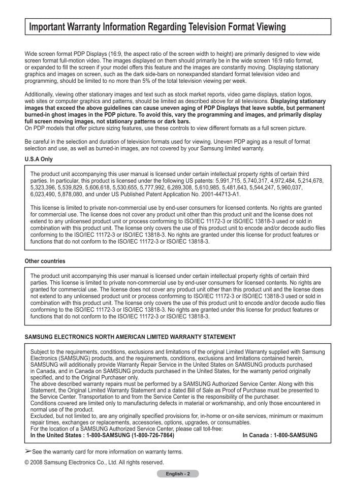 Samsung PN42A400 PN50A400 TV Operating Manual