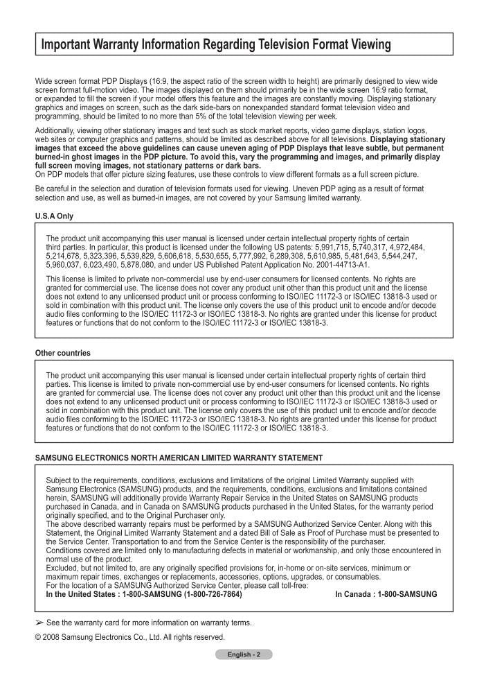 Samsung PN50A530OM TV Operating Manual