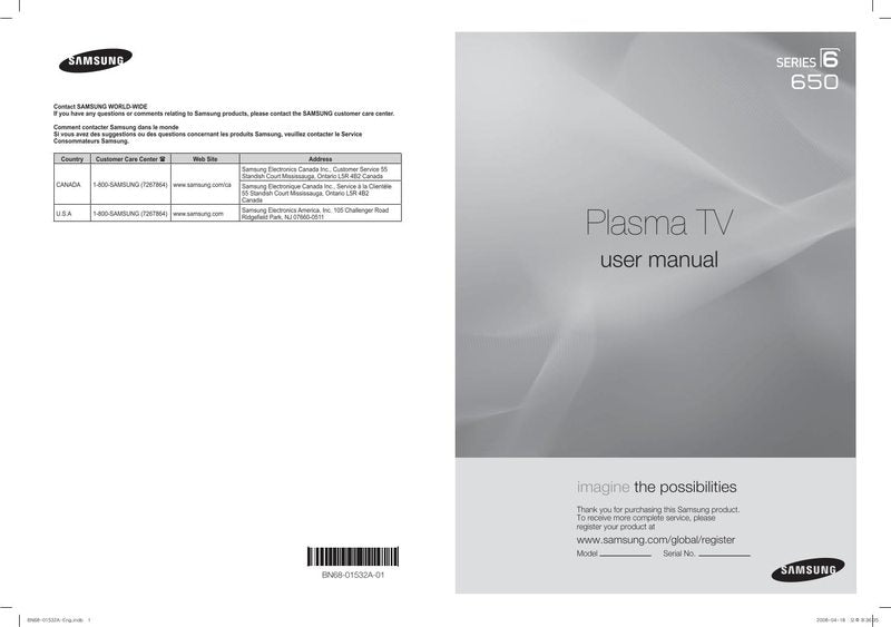 Samsung PN50A650T1FXZA PN50A650T1FXZC PN58A650T1FXZA TV Operating Manual