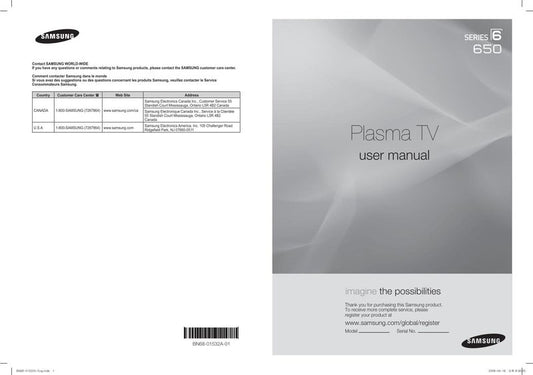 Samsung PN50A650T1FXZA PN50A650T1FXZC PN58A650T1FXZA TV Operating Manual