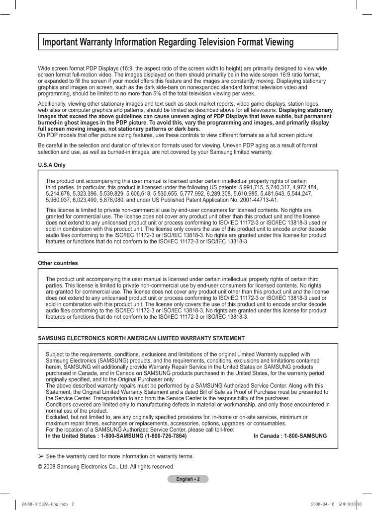 Samsung PN50A650T1FXZA PN50A650T1FXZC PN58A650T1FXZA TV Operating Manual