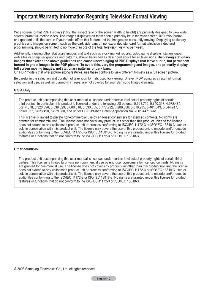 Samsung PN50A760 PN50A760T1F PN50A760T1FX TV Operating Manual