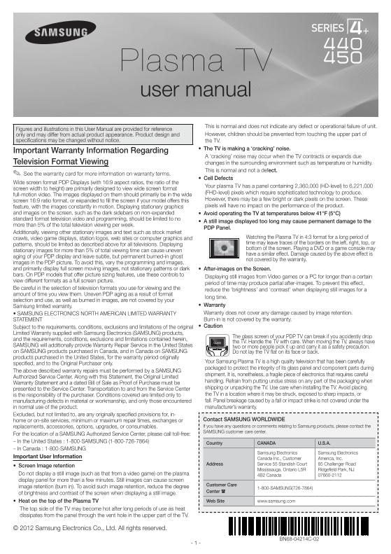 Samsung PN51E450A1FXZA TV Operating Manual