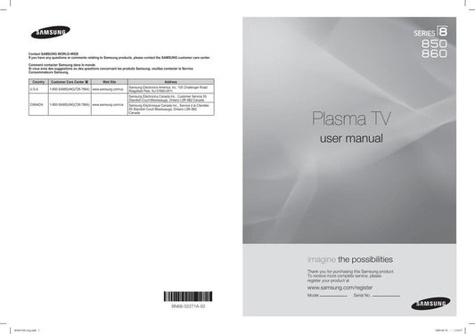 Samsung HLP5663WX/XA PN50B850Y1FXZA TV Operating Manual