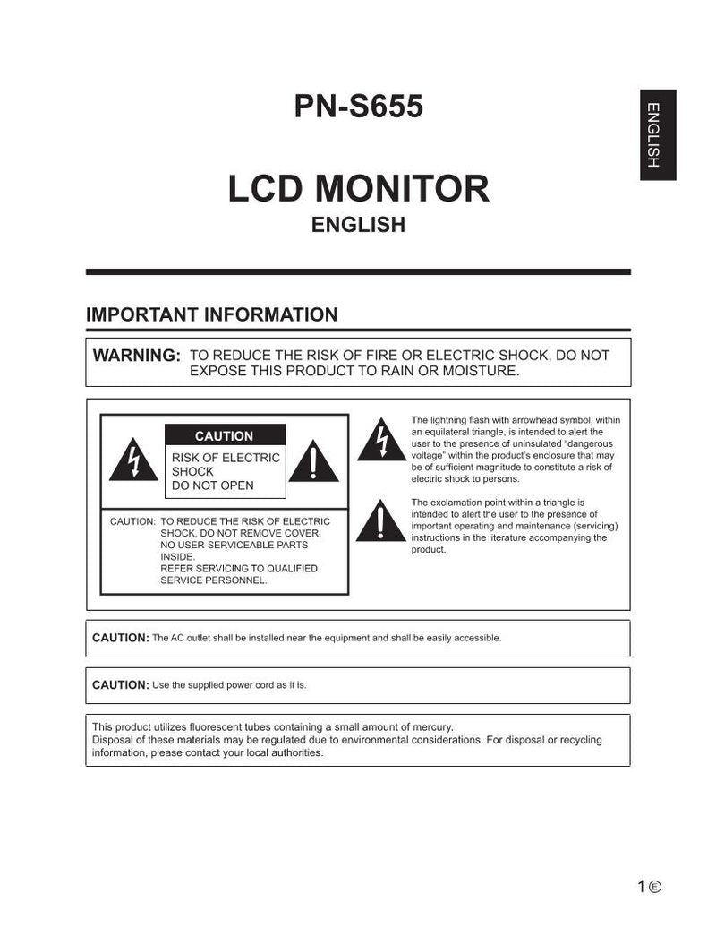 Sharp PN455 PN455P PN455RU Monitor Operating Manual