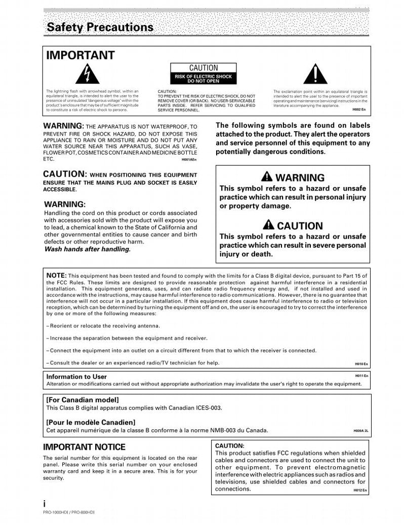 Pioneer PRO1000HDI PRO800HDI Projector Operating Manual