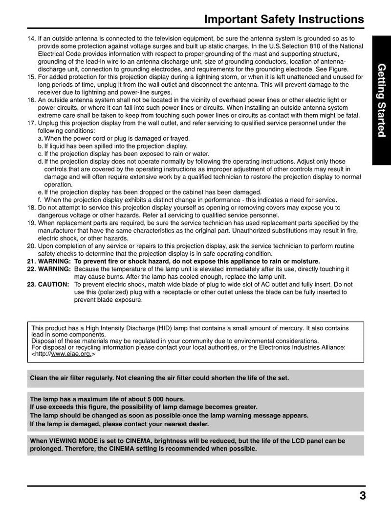 Panasonic PT40LC12 PT45LC12 TV Operating Manual