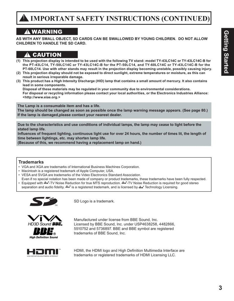 Panasonic PT43LC14 PT50LC14 PT60LC14 TV Operating Manual