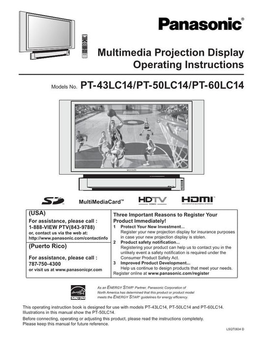 Panasonic PT43LC14 PT50LC14 PT60LC14 TV Operating Manual