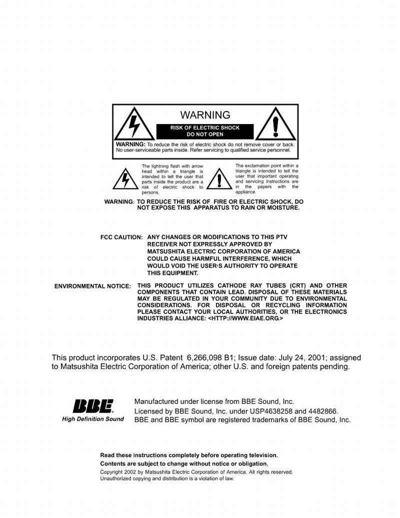 Panasonic PT47WX42 PT47WX52 PT53WX42 TV Operating Manual