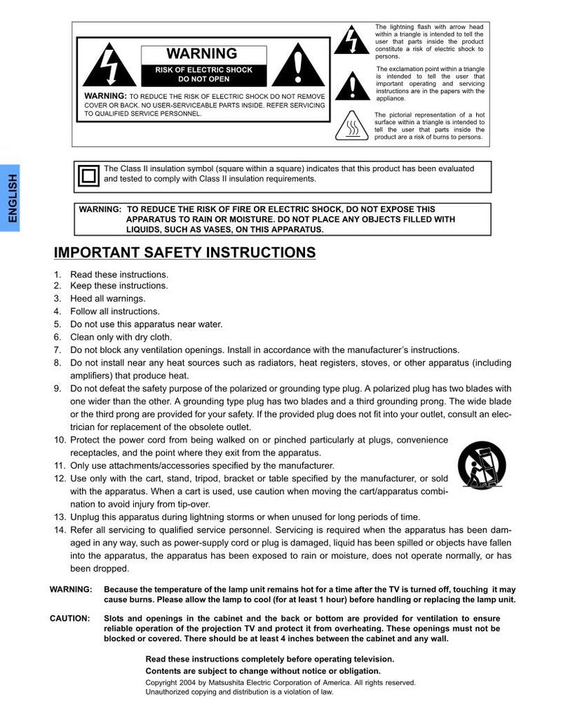 Panasonic PT50DL54 PT60DL54 TV Operating Manual