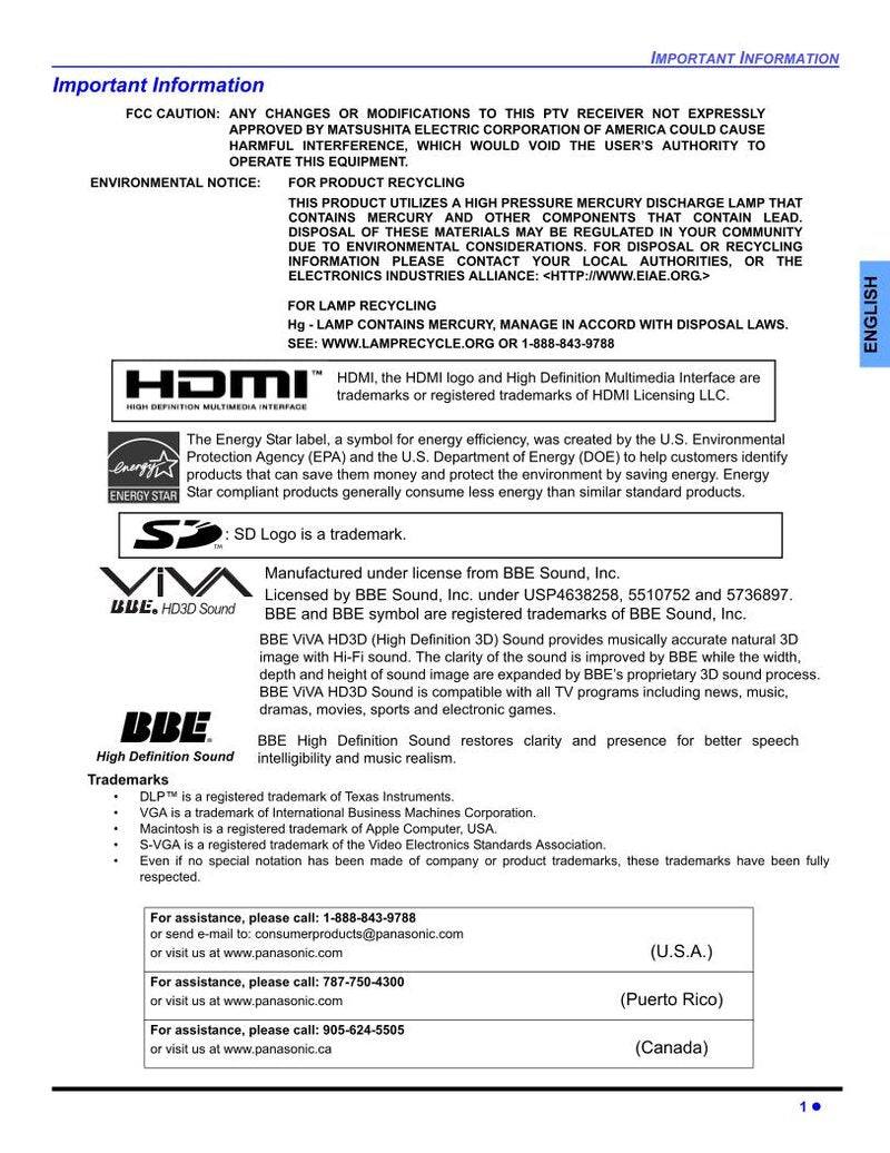 Panasonic PT50DL54 PT60DL54 TV Operating Manual