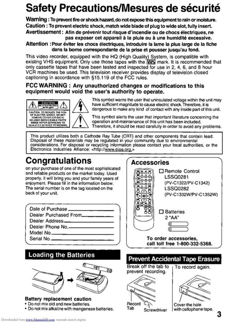 Panasonic PVC1332W TV/VCR Combo Operating Manual