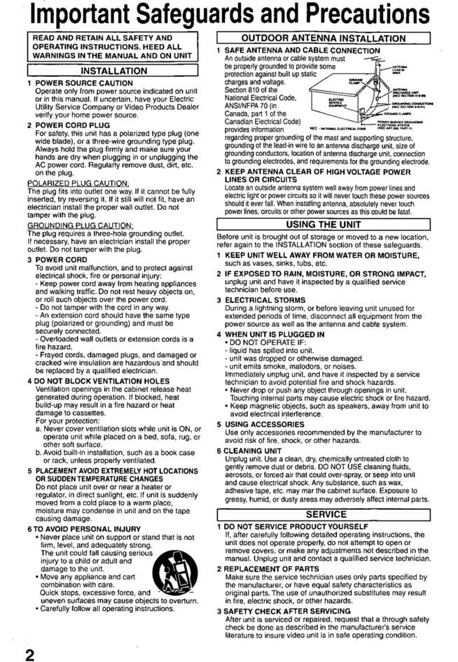 Panasonic PVC2020 PVC2030 VCR Operating Manual