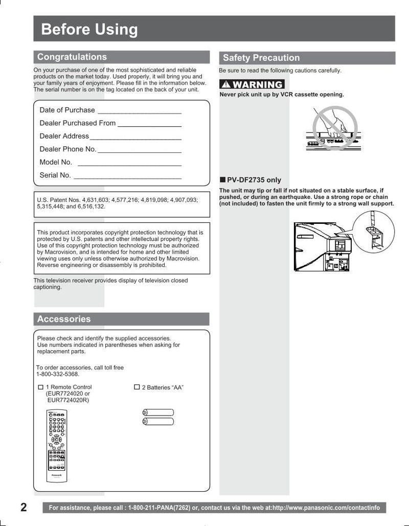 Panasonic PVDF2035 PVDF2735 TV/VCR/DVD Combo Operating Manual