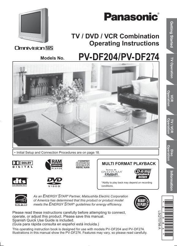 Panasonic PVDF204 PVDF274 TV/VCR/DVD Combo Operating Manual