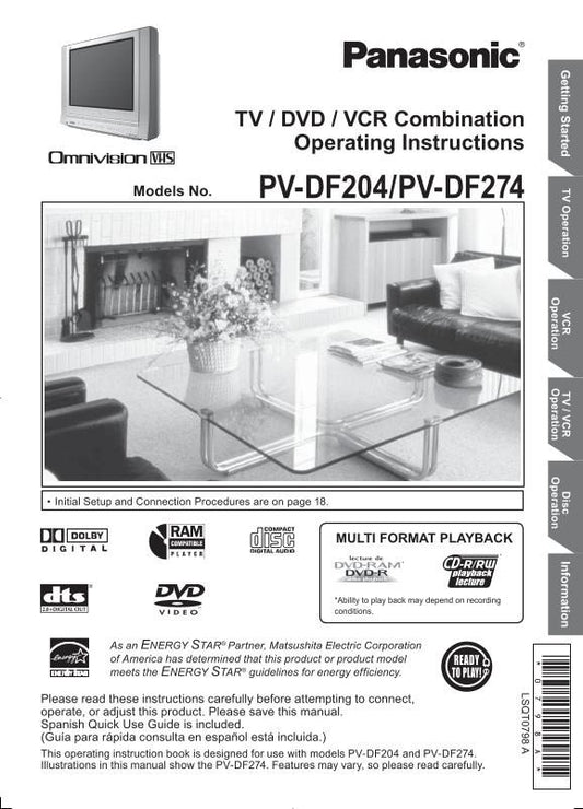 Panasonic PVDF204 PVDF274 TV/VCR/DVD Combo Operating Manual