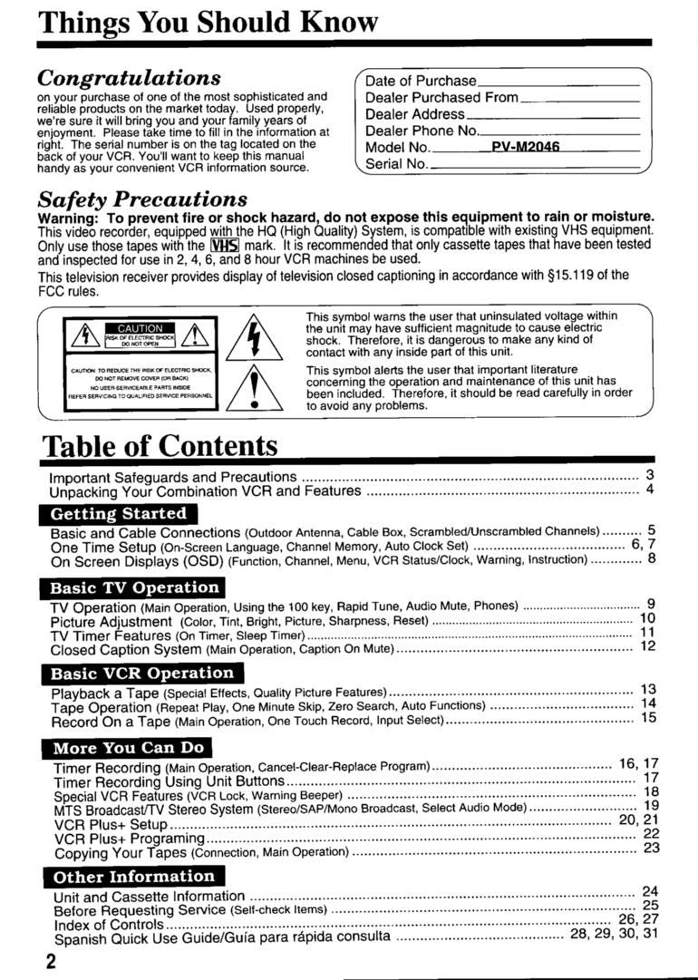 Panasonic PVM2046 TV/VCR Combo Operating Manual