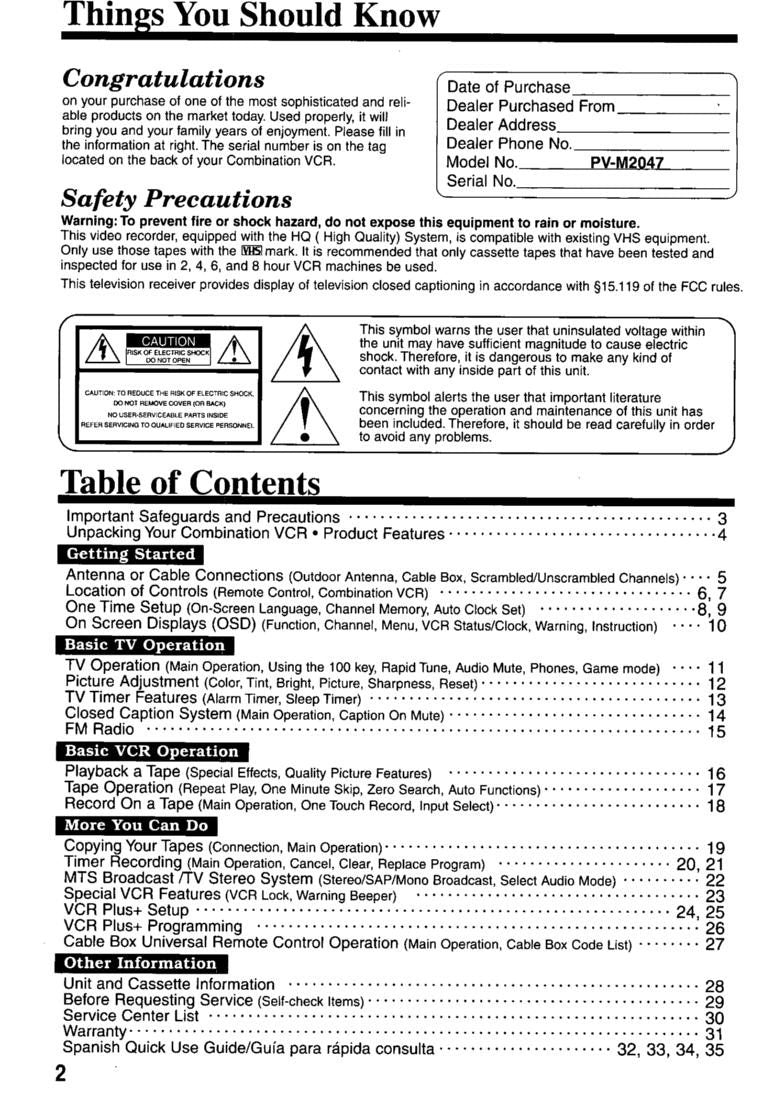 Panasonic PVM2047 TV/VCR Combo Operating Manual