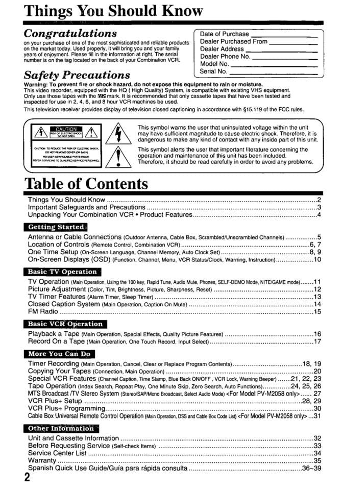 Panasonic PVM2048 PVM2058 TV/VCR Combo Operating Manual