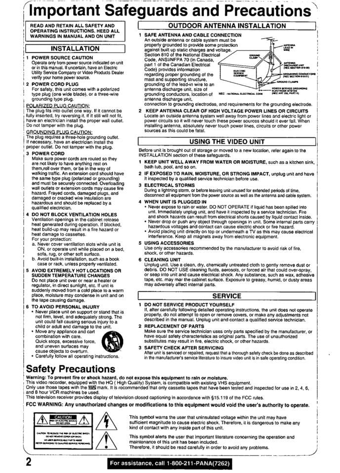 Panasonic PVM2079 PVM2089 TV/VCR Combo Operating Manual