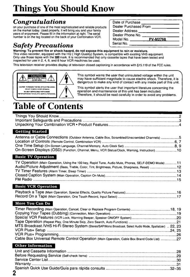 Panasonic PVM2768 TV/VCR Combo Operating Manual