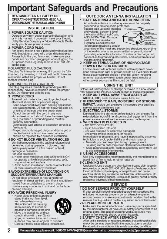 Panasonic PVQ1312 PVQ2012 PVQ2512 TV/VCR Combo Operating Manual