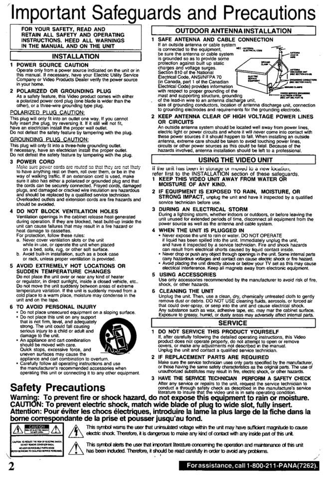 Panasonic PVQV200 VCR Operating Manual