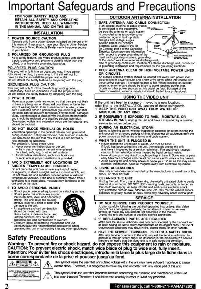 Panasonic PVV4540 VCR Operating Manual
