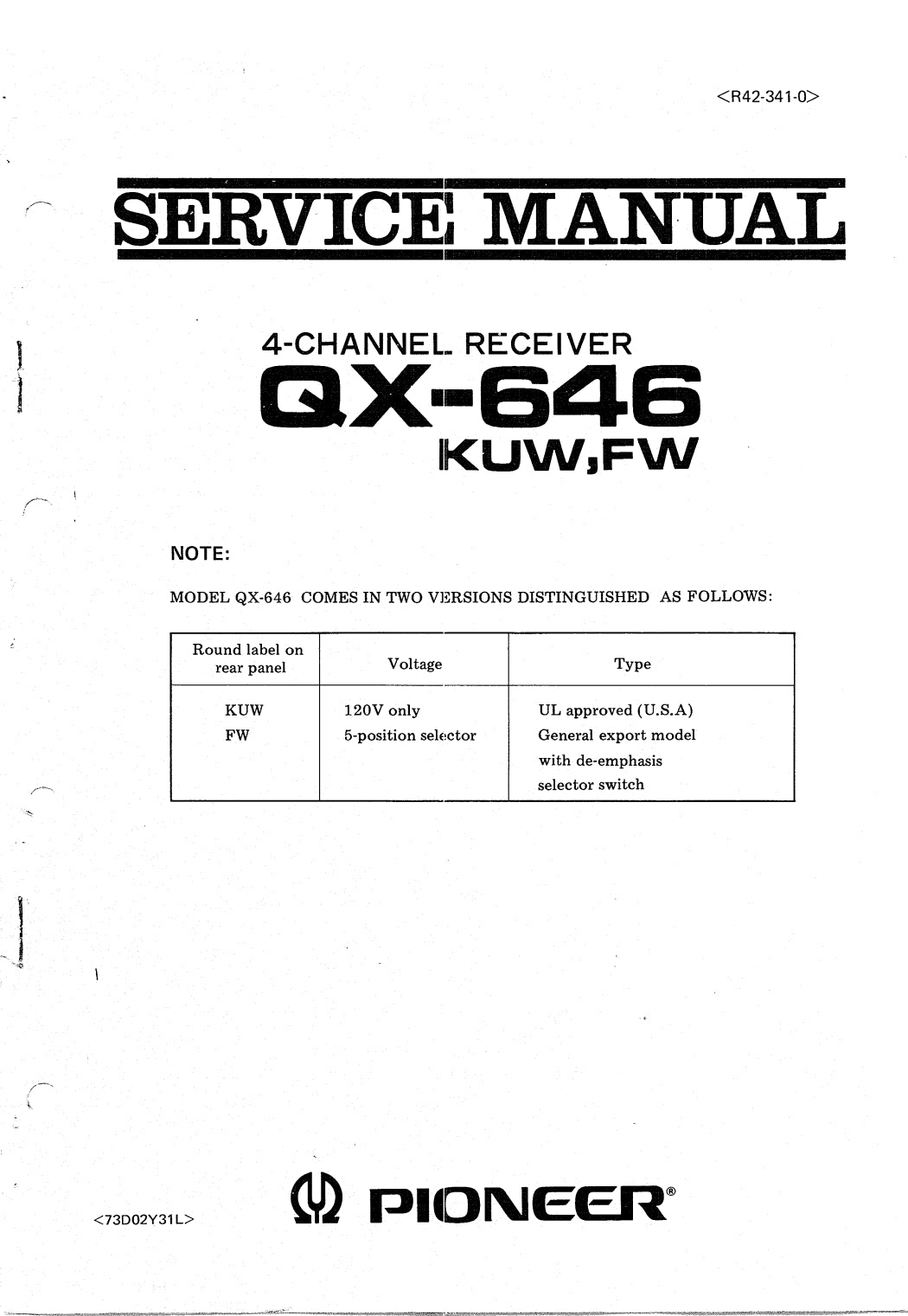 Pioneer QX-646 Four-Channel Receiver Service Manual (Pages: 72)