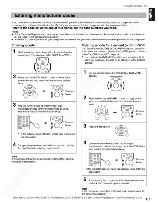 Yamaha RAV172OM Universal Remote Control Operating Manual