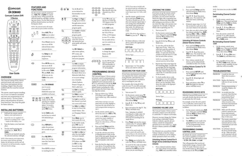 Comcast RC147550702B Universal Remote Control Operating Manual