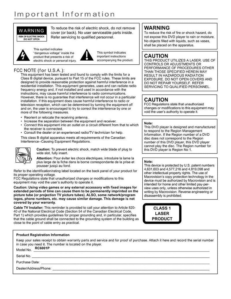 RCA RC6001P DVD Player Operating Manual