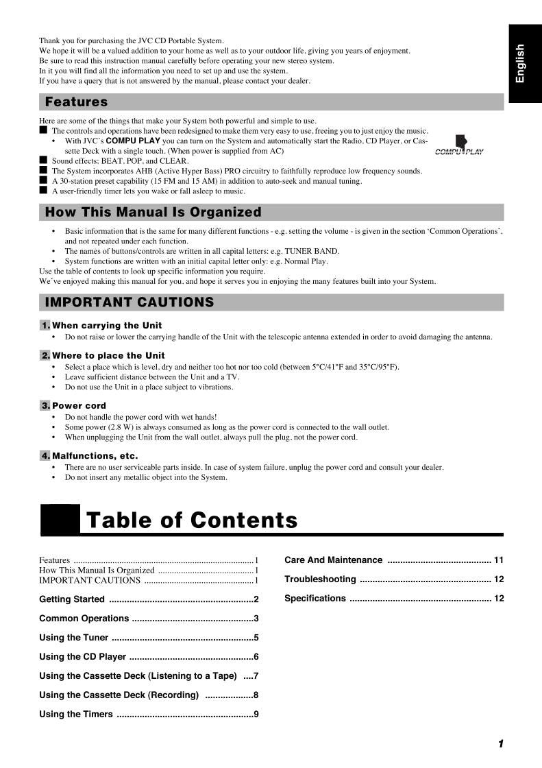 JVC RCBZ6BU Audio System Operating Manual
