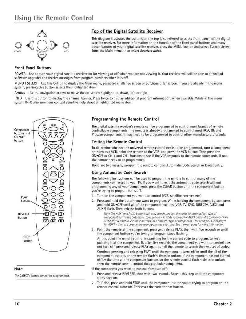 RCA RCR160SCM1 Programming Instructions  Codes Satellite Receiver Operating Manual