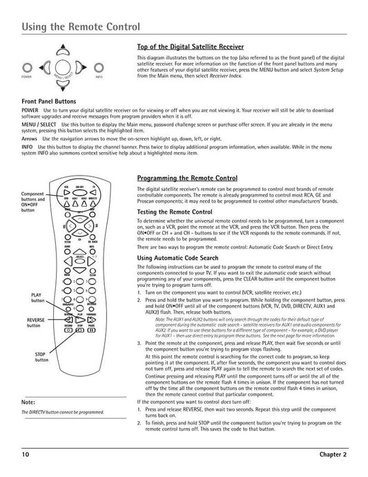 RCA RCR160SCM1 Programming Instructions  Codes Satellite Receiver Operating Manual