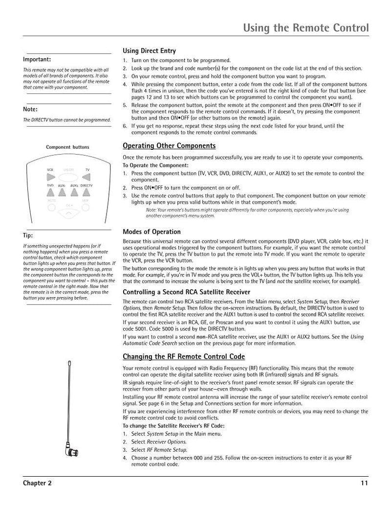 RCA RCR160SCM1 Programming Instructions  Codes Satellite Receiver Operating Manual