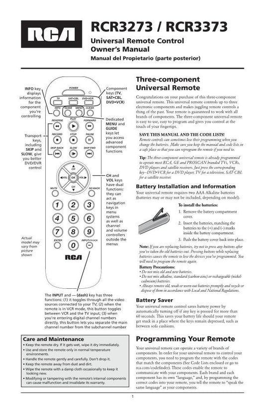 RCA RCR3273 With CodesOM Universal Remote Control Operating Manual